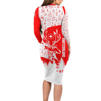 Switzerland Christmas Long Sleeve Bodycon Dress with Red Reindeer Snow Forest and Holiday Icon - Wonder Print Shop
