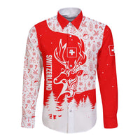 Switzerland Christmas Long Sleeve Button Shirt with Red Reindeer Snow Forest and Holiday Icon - Wonder Print Shop
