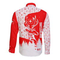 Switzerland Christmas Long Sleeve Button Shirt with Red Reindeer Snow Forest and Holiday Icon - Wonder Print Shop