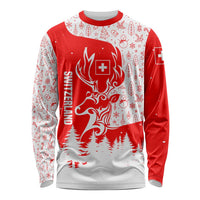 Switzerland Christmas Long Sleeve Shirt with Red Reindeer Snow Forest and Holiday Icon - Wonder Print Shop