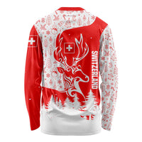 Switzerland Christmas Long Sleeve Shirt with Red Reindeer Snow Forest and Holiday Icon - Wonder Print Shop