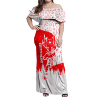 Switzerland Christmas Off Shoulder Maxi Dress with Red Reindeer Snow Forest and Holiday Icon - Wonder Print Shop