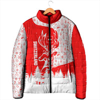 Switzerland Christmas Padded Jacket with Red Reindeer Snow Forest and Holiday Icon - Wonder Print Shop