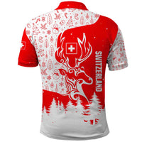 Switzerland Christmas Polo Shirt with Red Reindeer Snow Forest and Holiday Icon - Wonder Print Shop