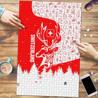 Switzerland Christmas Puzzle with Red Reindeer Snow Forest and Holiday Icon - Wonder Print Shop