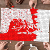 Switzerland Christmas Puzzle with Red Reindeer Snow Forest and Holiday Icon - Wonder Print Shop