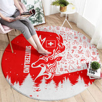 Switzerland Christmas Round Carpet with Red Reindeer Snow Forest and Holiday Icon - Wonder Print Shop