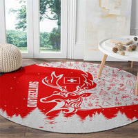 Switzerland Christmas Round Carpet with Red Reindeer Snow Forest and Holiday Icon - Wonder Print Shop