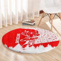 Switzerland Christmas Round Carpet with Red Reindeer Snow Forest and Holiday Icon - Wonder Print Shop