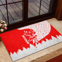 Switzerland Christmas Rubber Doormat with Red Reindeer Snow Forest and Holiday Icon - Wonder Print Shop