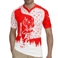 Switzerland Christmas Rugby Jersey with Red Reindeer Snow Forest and Holiday Icon - Wonder Print Shop
