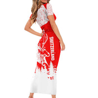 Switzerland Christmas Short Sleeve Bodycon Dress with Red Reindeer Snow Forest and Holiday Icon - Wonder Print Shop