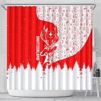 Switzerland Christmas Shower Curtain with Red Reindeer Snow Forest and Holiday Icon - Wonder Print Shop