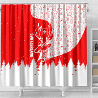 Switzerland Christmas Shower Curtain with Red Reindeer Snow Forest and Holiday Icon - Wonder Print Shop