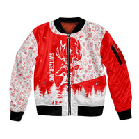 Switzerland Christmas Sleeve Zip Bomber Jacket with Red Reindeer Snow Forest and Holiday Icon - Wonder Print Shop