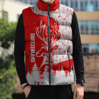 Switzerland Christmas Sleeveless Puffer Jacket with Red Reindeer Snow Forest and Holiday Icon - Wonder Print Shop