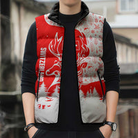 Switzerland Christmas Sleeveless Puffer Jacket with Red Reindeer Snow Forest and Holiday Icon - Wonder Print Shop