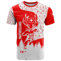Switzerland Christmas T Shirt with Red Reindeer Snow Forest and Holiday Icon - Wonder Print Shop