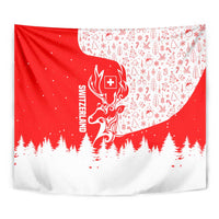 Switzerland Christmas Tapestry with Red Reindeer Snow Forest and Holiday Icon - Wonder Print Shop