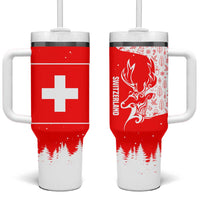 Switzerland Christmas Tumbler With Handle with Red Reindeer Snow Forest and Holiday Icon - Wonder Print Shop