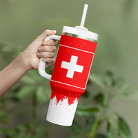 Switzerland Christmas Tumbler With Handle with Red Reindeer Snow Forest and Holiday Icon - Wonder Print Shop