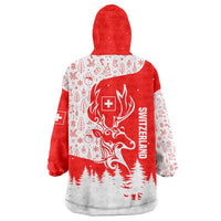 Switzerland Christmas Wearable Blanket Hoodie with Red Reindeer Snow Forest and Holiday Icon - Wonder Print Shop
