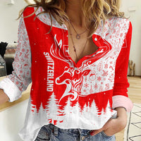 Switzerland Christmas Women Casual Shirt with Red Reindeer Snow Forest and Holiday Icon - Wonder Print Shop