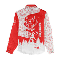Switzerland Christmas Women Casual Shirt with Red Reindeer Snow Forest and Holiday Icon - Wonder Print Shop