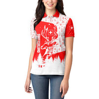 Switzerland Christmas Women Polo Shirt with Red Reindeer Snow Forest and Holiday Icon - Wonder Print Shop