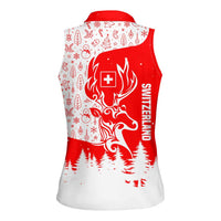 Switzerland Christmas Women Sleeveless Polo Shirt with Red Reindeer Snow Forest and Holiday Icon - Wonder Print Shop