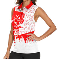 Switzerland Christmas Women Sleeveless Polo Shirt with Red Reindeer Snow Forest and Holiday Icon - Wonder Print Shop