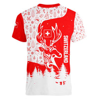 Switzerland Christmas Women V-Neck T-Shirt with Red Reindeer Snow Forest and Holiday Icon - Wonder Print Shop