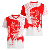 Switzerland Christmas Women V-Neck T-Shirt with Red Reindeer Snow Forest and Holiday Icon - Wonder Print Shop