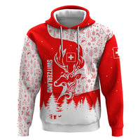 Switzerland Christmas Zip Hoodie with Red Reindeer Snow Forest and Holiday Icon - Wonder Print Shop