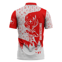 Switzerland Christmas Zipper Polo Shirt with Red Reindeer Snow Forest and Holiday Icon - Wonder Print Shop
