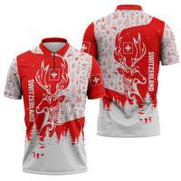 Switzerland Christmas Zipper Polo Shirt with Red Reindeer Snow Forest and Holiday Icon - Wonder Print Shop