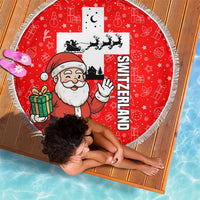 Switzerland Christmas Beach Blanket with Santa Sleigh Silhouette and Red Holiday Icon - Wonder Print Shop