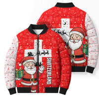 Switzerland Christmas Bomber Puffer Jacket with Santa Sleigh Silhouette and Red Holiday Icon - Wonder Print Shop