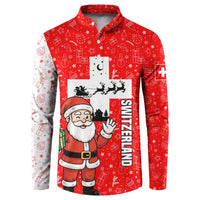 Switzerland Christmas Button Sweatshirt with Santa Sleigh Silhouette and Red Holiday Icon - Wonder Print Shop