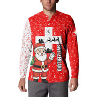 Switzerland Christmas Button Sweatshirt with Santa Sleigh Silhouette and Red Holiday Icon - Wonder Print Shop