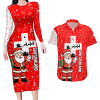 Switzerland Christmas Couples Matching Long Sleeve Bodycon Dress and Hawaiian Shirt with Santa Sleigh Silhouette and Red Holiday Icon - Wonder Print Shop