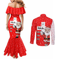 Switzerland Christmas Couples Matching Mermaid Dress and Long Sleeve Button Shirt with Santa Sleigh Silhouette and Red Holiday Icon - Wonder Print Shop