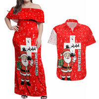 Switzerland Christmas Couples Matching Off Shoulder Maxi Dress and Hawaiian Shirt with Santa Sleigh Silhouette and Red Holiday Icon - Wonder Print Shop