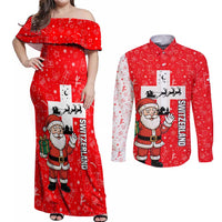 Switzerland Christmas Couples Matching Off Shoulder Maxi Dress and Long Sleeve Button Shirt with Santa Sleigh Silhouette and Red Holiday Icon - Wonder Print Shop