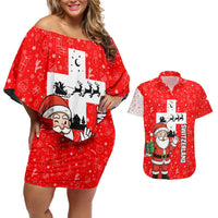 Switzerland Christmas Couples Matching Off Shoulder Short Dress and Hawaiian Shirt with Santa Sleigh Silhouette and Red Holiday Icon - Wonder Print Shop