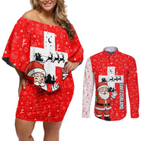 Switzerland Christmas Couples Matching Off Shoulder Short Dress and Long Sleeve Button Shirt with Santa Sleigh Silhouette and Red Holiday Icon - Wonder Print Shop