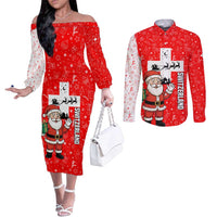 Switzerland Christmas Couples Matching Off The Shoulder Long Sleeve Dress and Long Sleeve Button Shirt with Santa Sleigh Silhouette and Red Holiday Icon - Wonder Print Shop