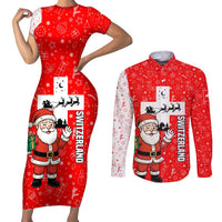 Switzerland Christmas Couples Matching Short Sleeve Bodycon Dress and Long Sleeve Button Shirt with Santa Sleigh Silhouette and Red Holiday Icon - Wonder Print Shop