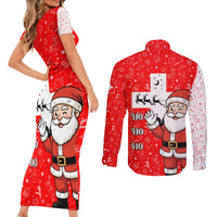 Switzerland Christmas Couples Matching Short Sleeve Bodycon Dress and Long Sleeve Button Shirt with Santa Sleigh Silhouette and Red Holiday Icon - Wonder Print Shop