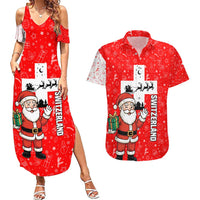 Switzerland Christmas Couples Matching Summer Maxi Dress and Hawaiian Shirt with Santa Sleigh Silhouette and Red Holiday Icon - Wonder Print Shop